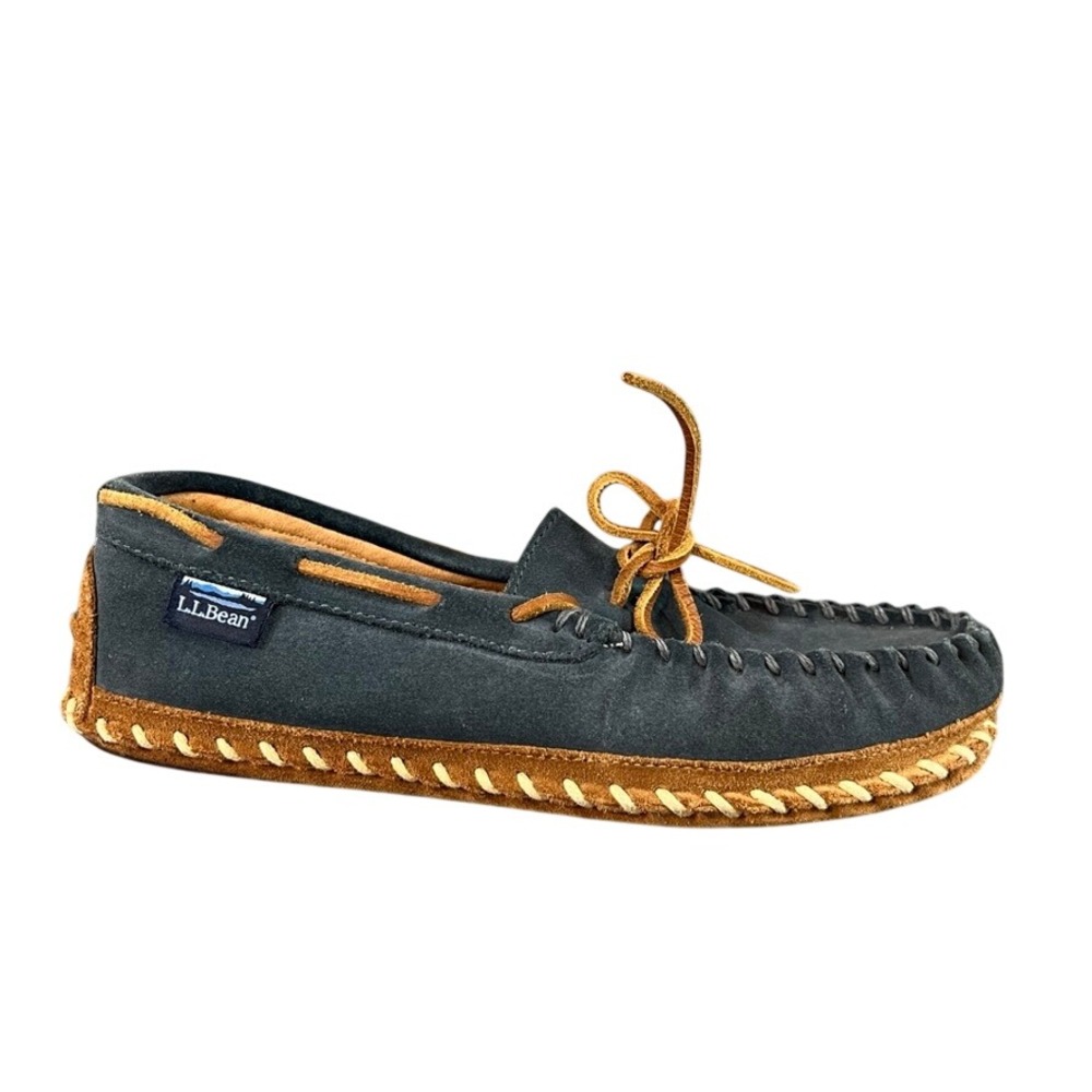 LL Bean Mens 8M Navy Suede Soft Sole Moccasin Slippers Whipstitch Blue Tan